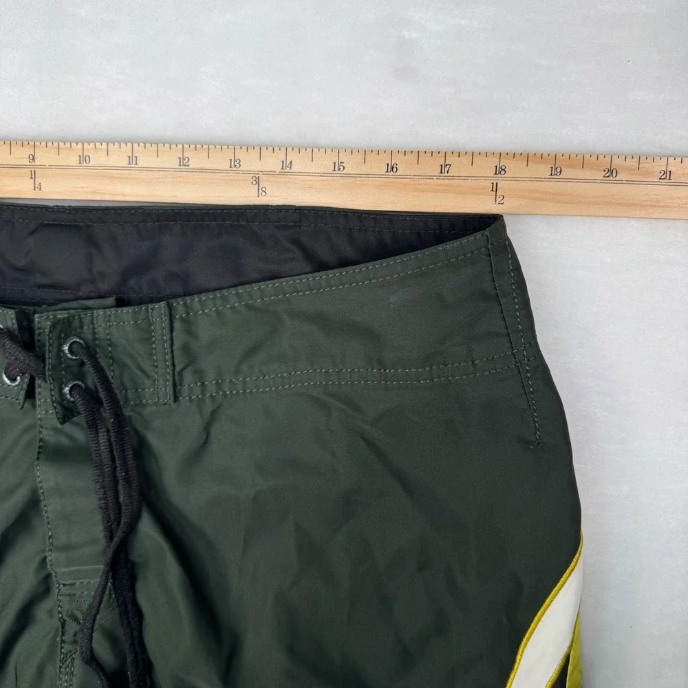 Vintage Quiksilver Boardshorts Mens 36 Olive Green Yellow Surf Swim Y2K Script